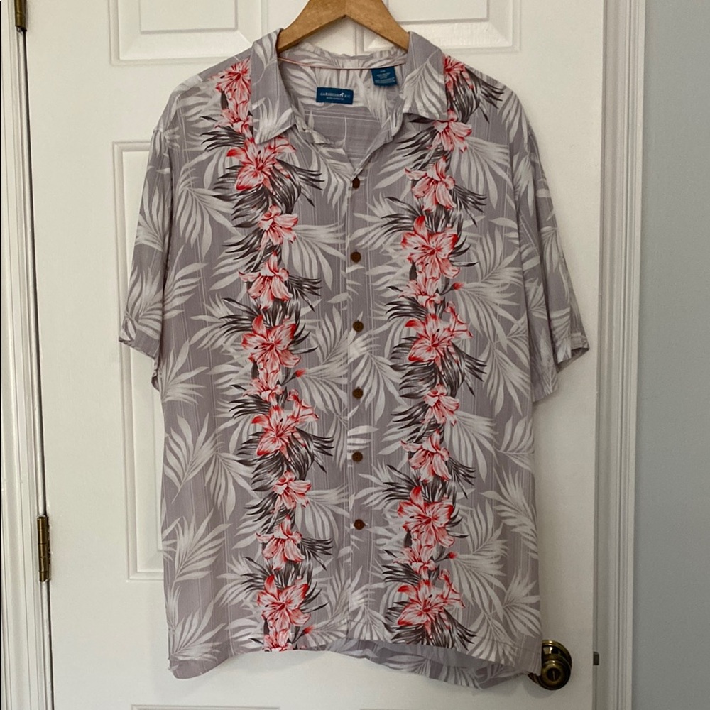 Caribbean Joe Gray and Red Casual Button Down Shirt XXL